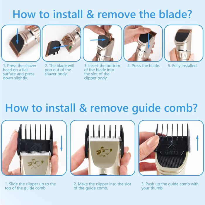 Безшумна машинка для стрижки собак та котів з 2 швидкостями, акумуляторна, бездротова, з 11 насадками, золота