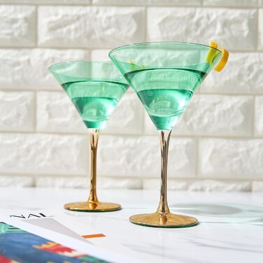 Бокали для Мартіні Art Deco, 2 шт., 237 мл, блакитно-зелені та зелені, кришталеві, золотий декор, класичні коктейльні бокали