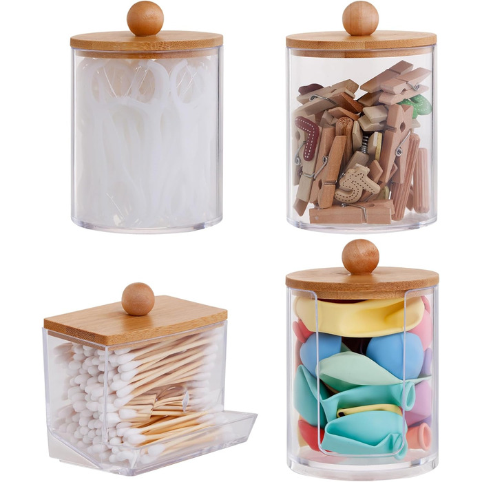 Контейнер для ватних паличок (4 шт.) з бамбуковою кришкою - органайзер для макіяжу, ватних дисків, для ванної кімнати та спальні