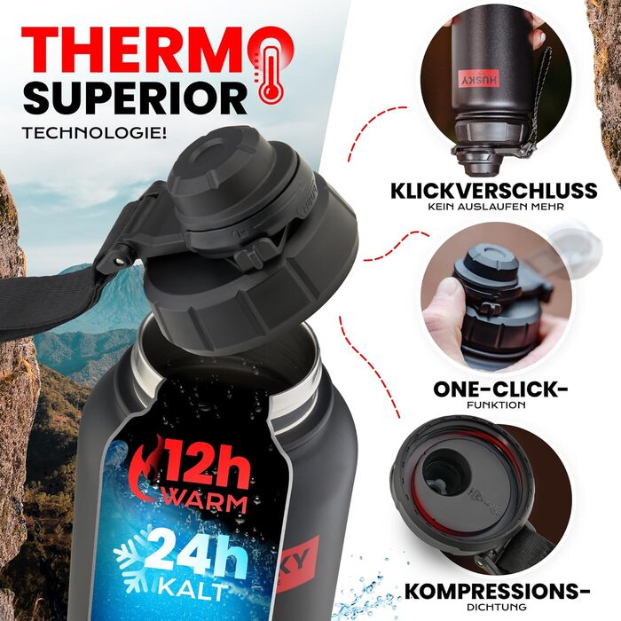 Stainless Steel Water Bottle with FREE Carrying Bag - 700ml - BPA-Free, Leakproof and Dishwasher Safe Thermo Insulated Bottle - Double-Walled Thermos Flask, Sports, Outdoor (Black Edition)