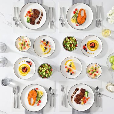 MALACASA, Leah Series, Dinnerware Set for 4 People, 12-Piece Porcelain Tableware Set, Combination Set, White Dinnerware with Black, Dinnerware Set consisting of 4x Dinner Plates, 4x Dessert Plates, 4x Cereal Bowls with Black Rim, 12-Piece