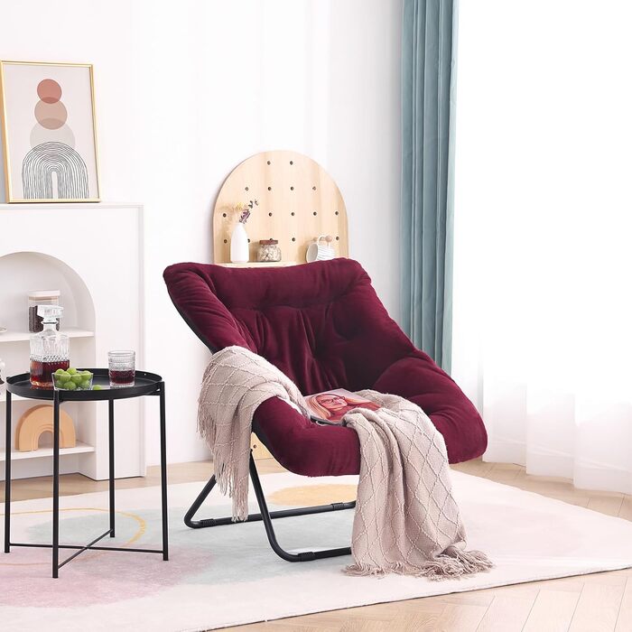 Крісло Tiita Moon Chair без пуфа, м'яке штучне хутро, металевий каркас, бордовий – розкладне крісло для спальні, вітальні, гуртожитку, саду