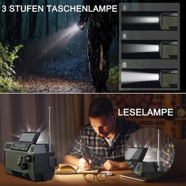 Радіо-кринка Notfall Weltempfänger 4000 mAh (14800 mWh) з 3 кабелями. Радіо для надзвичайних ситуацій з ручкою та сонячною панеллю, живлення від акумулятора, AM/FM/WB, SOS-сигнал, ліхтарик для надзвичайного спорядження Green