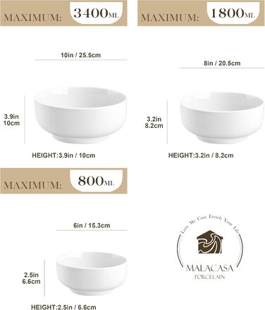 Набір супових та салатних мисок MALACASA Regular Weiß (3шт, 3.4л, 1.8л, 0.8л) з порцеляни. Ідеально для супу, салату, рамену, фруктів та мюслі.