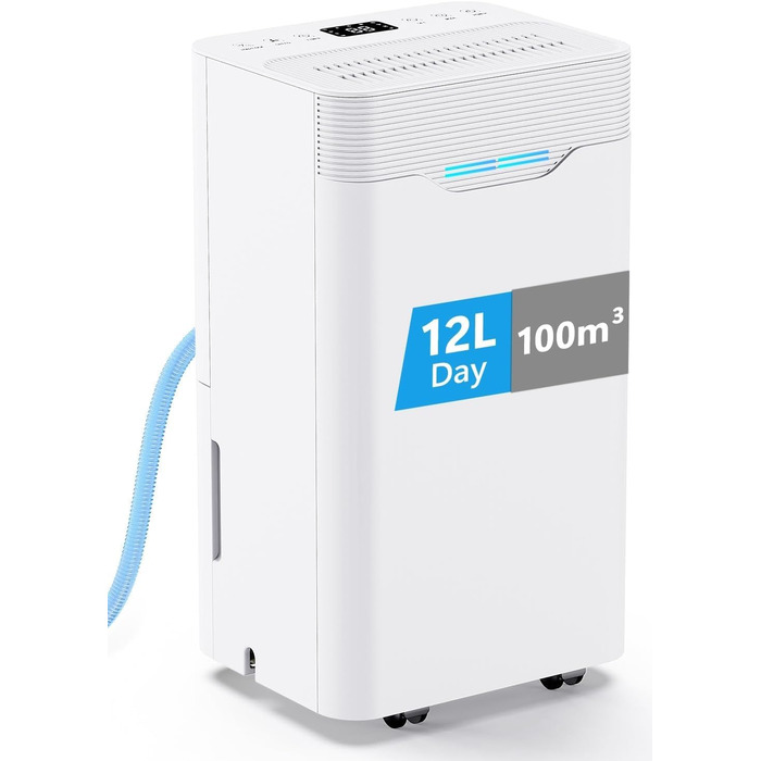 Електричний осушувач повітря 12L/день з таймером 24 год, 3 режими, автоматичне вимкнення, шланг для зливу, для приміщень до 100 м³, білий