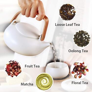 ZENS Modern Japanese Teapot, 800ml Matte White Ceramic Teapot with Infuser, Wooden Handle Small Japanese Teapot for Loose Leaf Tea, White Tea, Green Tea Steeper, Gift for Tea Lovers