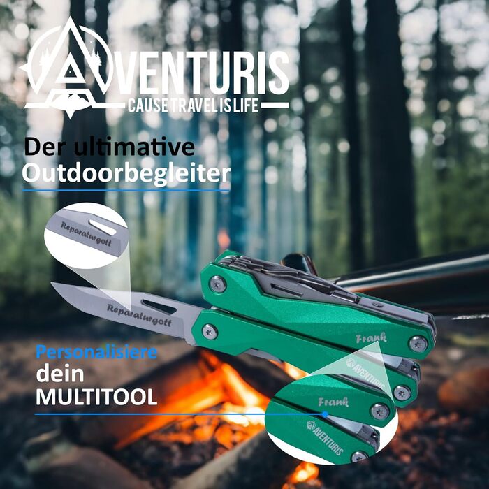 AVENTURIS® Multitool. Great multifunctional tool as bicycle accessory or outdoor gear, a multitool as men's gifts or a Leatherman multitool, green (Personalized, Green)