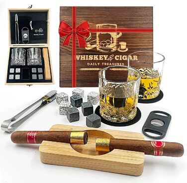 Набір для віскі Daily Treasures: келихи, камені та аксесуари (дерев'яний попільничка, різьблений ніж), подарунковий набір для чоловіків, на День батька