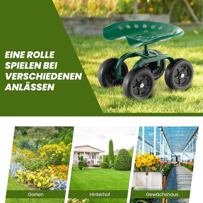 COSTWAY Rolling Seat with Wheels, 360° Swivel | Height Adjustable, Mobile Garden Seat Outdoor Garden Stool, up to 150 kg | Wide Tires, Garden Rolling Seat Metal, for Gardening & Car Care, Green