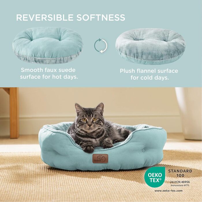 BEDSURE Cat Bed Washable - 63x53x20cm Cat Bed with Reversible Inner Cushion Cat Sleeping Place for Cats or Small Dogs (Washed Blue, L 51 x W 48 x H 15 cm)