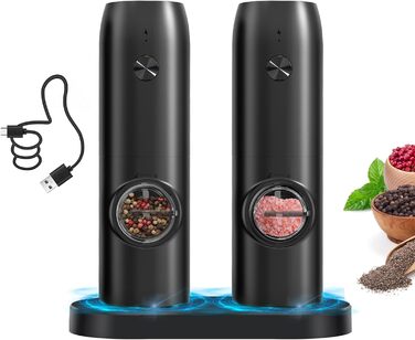 Electric Salt and Pepper Grinder 2-Piece Set, Rechargeable Spice Grinders with Double Charging Station, White LED Light, and Adjustable Coarse Grind