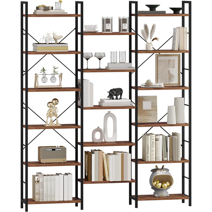 Книжкова шафа Hzuaneri, 17 полиць, 6 ярусів, регульована, 340 кг, 24x152x186 см, для вітальні та офісу, вінтаж, коричнево-чорна