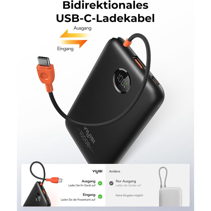 Повербанк VIYISI 10000mAh ультратонкий із вбудованим кабелем USB-C, чорний