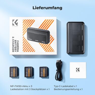 Набір акумуляторів K&F CONCEPT NP-FW50 (3 шт.) з 20W LED PD швидким зарядним пристроєм для Sony Alpha A6000, A6100, A6300, A6400, A6500, A7, A7 II, A7R, A7S, RX10