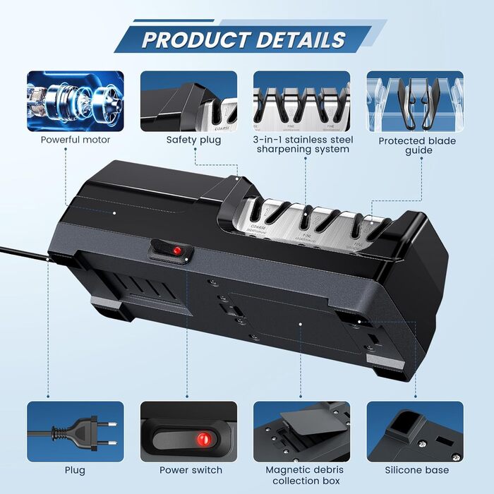 Електричний точило для ножів професійний 3-ступеневий з захистом від перегріву, тихий мотор, швидкий для кухонних ножів (чорний)