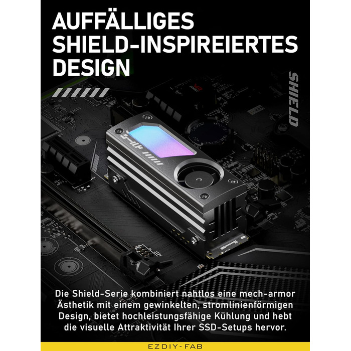 Охолоджувач SSD M.2 EZDIY-FAB Shield ARGB з вентилятором 20mm PWM, алюмінієвий корпус, підтримка ARGB 5V 3-Pin, чорний, 1 шт.