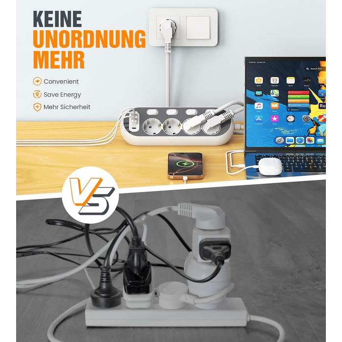Мережевий фільтр з USB, індивідуальне вмикання розеток, 4 розетки, 2 USB-C, 8 в 1 з вимикачем, адаптер з кабелем 1,5м для кухні, дому, офісу