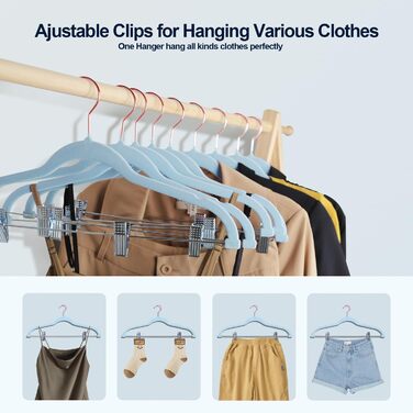 Stormix Trouser Hangers, 18-Pack Vevlt Skirt Hangers with Clips, Sturdy Clothes Hangers for Shorts, Trousers, Skirts, Dresses, Jackets, Coats, Blue (Hook in Rose Gold)