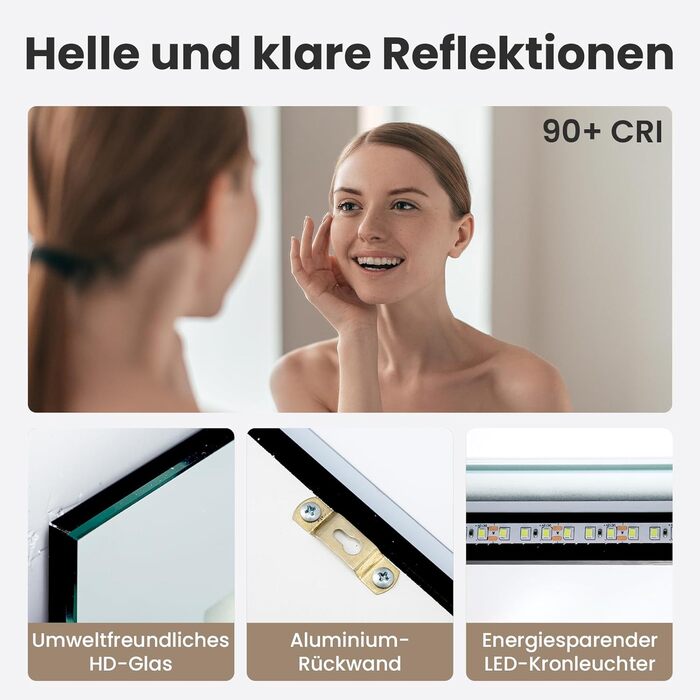 Дзеркало для ванної кімнати з підсвічуванням 70x50 см | LED дзеркало | IP54 вологостійке | Сенсорне керування | Настінне дзеркало | Горизонтальна/Вертикальна установка 6500K холодне біле світло (70x50cm-stil 2)