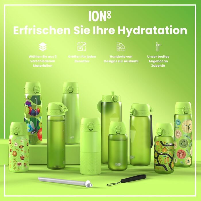 Ion8 Stainless Steel Drinking Bottle, 600 ml, Leak-Proof, One-Hand Operation, Secure Locking Mechanism, Dishwasher Safe, Flip-Top Lid, Carrying Handle, Easy to Clean, Durable & Scratch-Resistant (Stainless Steel, Khaki Green)