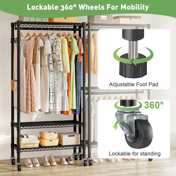 Вішалка для одягу на коліщатках металева з 3 штангами та полицею, чорна (41x81x210 см)