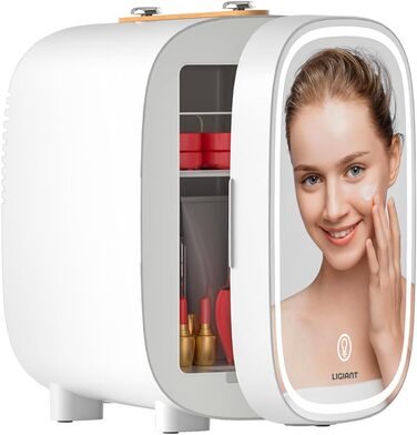 Mini Beauty Fridge 4L - LED Mirror, Cooling & Heating, Portable Skincare Fridge for Bedroom, Office & Car - White