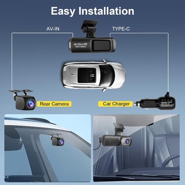 Відеореєстратор для авто 4K + 1080P з WiFi, нічною зйомкою та паркуванням, 64GB карта в комплекті