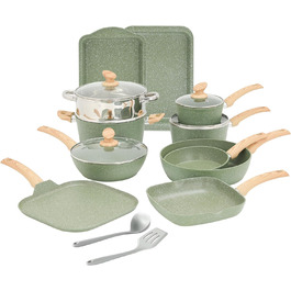 Kitchen Academy 17-Piece Induction Cookware Set with Glass Lids and Granite Coating, including Frying Pans and Pots (green 17 pc)