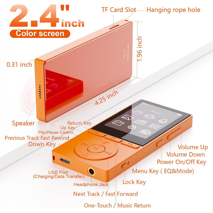 MP3 плеєр 64GB Bluetooth 5.3 з динаміком, HiFi звук, диктофон, E-book, підтримка TF карти 128GB (Помаранчевий)