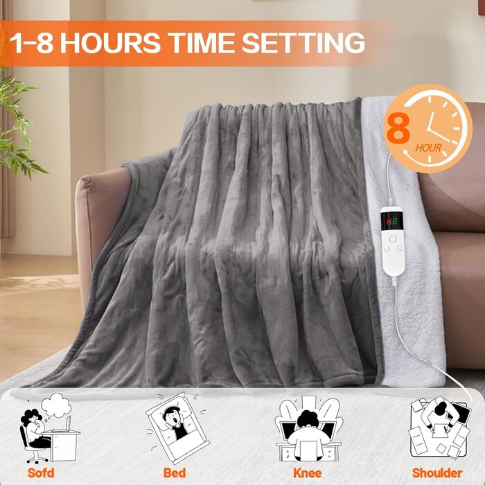 Електрична ковдра з підігрівом 130x180 см з автовимкненням, 10 температурних режимів, таймером, захистом від перегріву, пральна машина, фланелева ковдра для ліжка, дивана та офісу (світло-сіра, 130 x 180 см)