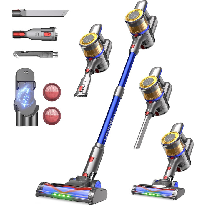 UNINELL HOME Бездротовий акумуляторний пилосос 45000Pa/450W/60Min з LED-дисплеєм, антизаплутана щітка, тихий, для килима, твердих поверхонь та шерсті тварин, блакитний