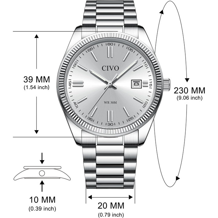 Чоловічий годинник CIVO з нержавіючої сталі: аналоговий бізнес-годинник з датою, що світиться, водонепроникний для роботи та відпочинку, стильний подарунок для чоловіків (сріблястий)