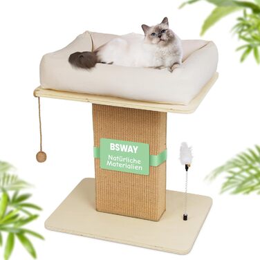 Котячий будиночок з дряпалкою Luxus: широка колона з берези, міцний, до 25 кг, сизаль, велике ліжко з подушкою з органічної льону, легко збирається, бежевий колір