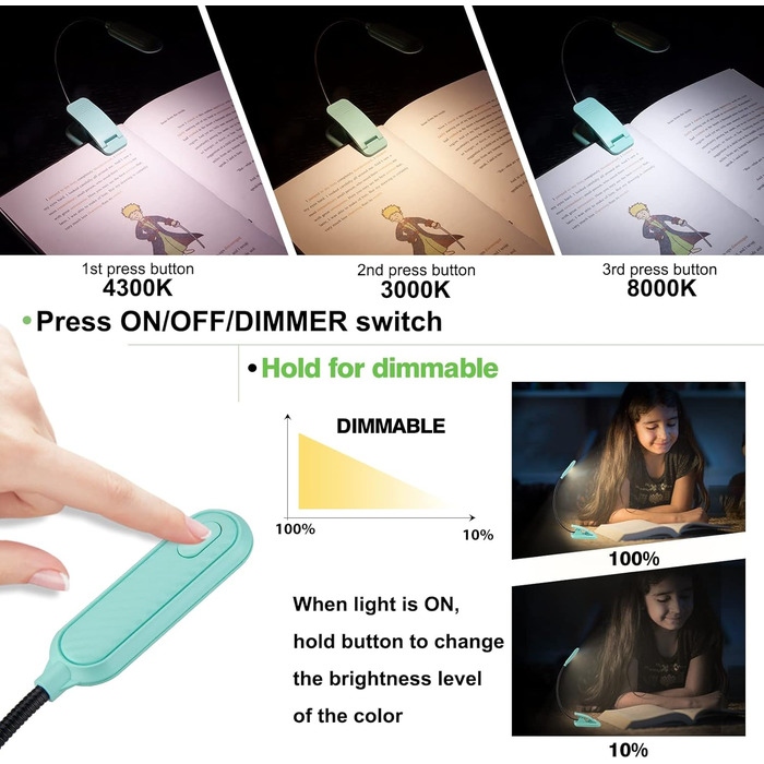 Ліхтар для читання BIGMONAT з USB зарядкою, кліпсою, 6 LED, 3 режими яскравості та колірної температури, гнучкий на 360°, синій