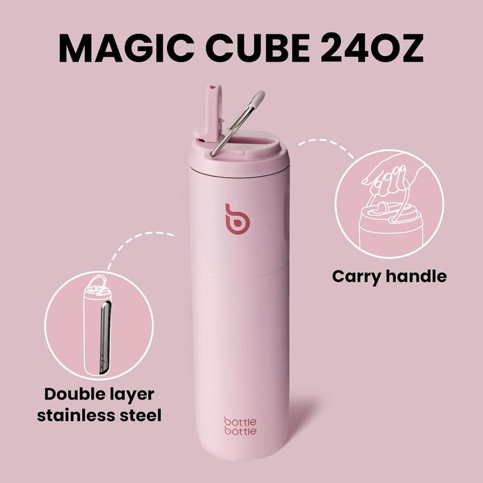 Пляшка для води BOTTLE BOTTLE 750 мл з соломинкою, кришкою та ручкою - не протікає, BPA-free, подвійні стінки, рожева. Ідеальна для спорту, подорожей та фітнесу.