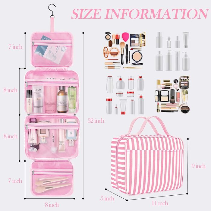 Сумка для косметики IDEATECH, дорожня, водонепроникна, для чоловіків та жінок, рожево-смугаста, з петлею для підвішування