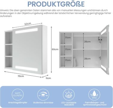 Дзеркальна шафа для ванної кімнати AQUABATOS з розеткою та підсвічуванням LED, 50x70 см, шафа для ванної кімнати, дзеркало з інфрачервовим сенсором, регулювання яскравості, антизапарювання, холодне біле світло
