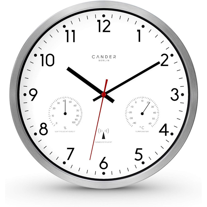 Cander Berlin MNU 3330 White Wireless Wall Clock with Temperature and Humidity Display, 12 inches (Ø) 30.5 cm