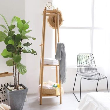 Bamboo Clothes Rack Coat Stand with 8 Hooks and 3 Shelves for Shoes, Hats, and Scarves, for Hallway, Living Room, and Guest Room