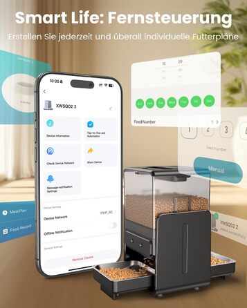 Автомат годування котів з App-керуванням, для 2 котів, регульована висота, 2 миски, 5-літровий бункер, з функцією запису голосу, таймер, WiFi