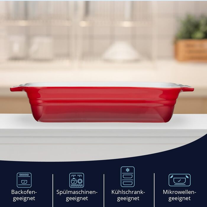 Форма для запікання KHG середнього розміру 34 см, 1,75 л, червона, для 3-4 осіб. Прямокутна керамічна форма для запікання з каменю, стійка до подряпин. Підходить для лазаньї, тірамісу та інших запечених страв. 1 шт. (34 см)