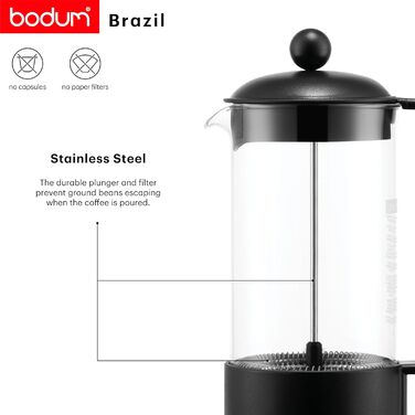 Bodum French Press Brazil - Френч-прес 1л, 8 чашок - з термостійкого скла та нержавіючої сталі, BPA-free, для приготування кави