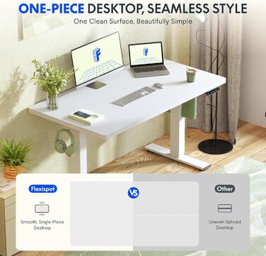 Регульований за висотою стіл FLEXISPOT 160x80 см з гачками та інтегрованою стільницею 25 мм, ергономічний стіл з LED-дисплеєм висоти та функцією пам'яті (Білий, Білий)