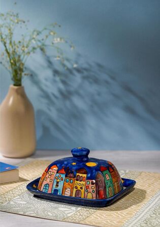 Butter dish with lid, designed by Gall&Zick, handcrafted from ceramic, for a standard 250g block of butter, colorfully hand-painted, dishwasher-safe (New Village)
