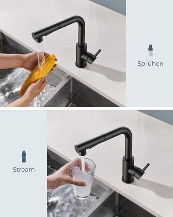 Змішувач для кухні FORIOUS висувний з душем, кухонний змішувач, L-подібний, 2 режими розпилення, поворотний 360°, матовий чорний