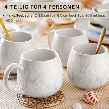 SÄNGER | Korfu Mug Set, 4-Piece, 4-Person Coffee Cups, Handmade Stoneware Mug, Dishwasher-Safe Tea Cup Set, Cream-Colored Coffee Cup Set with Sandy Texture, 300 ml | PREMIUM COLLECTION