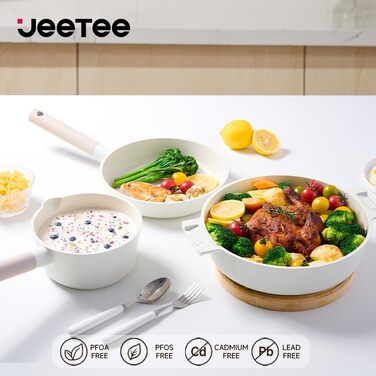 JEETEE Ceramic Cookware Set Non-Stick 16-Piece, Non-Stick Fry Pan 24/28, Sauté Pan with Lid and Steamer, Pot Induction, Non-Stick Cookware Set Beige
