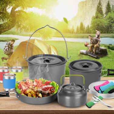 Odoland Camping Cookware Set - 6 Person Outdoor Cooking Set for Backpacking, Camping, and Picnics