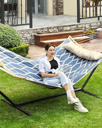 Гамак SONGMICS з підкладкою та подушкою, 200x140 см, бамбукові дуги, до 225 кг, сірі та бежеві ромби