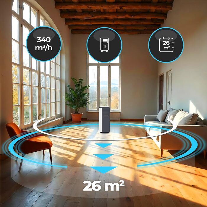 Мобільний кондиціонер 9000 BTU WiFi Tuya Smart, 2.6 кВт, 26 м², 3-в-1, з випускним шлангом, міні, комплект з ущільнювачем для вікна